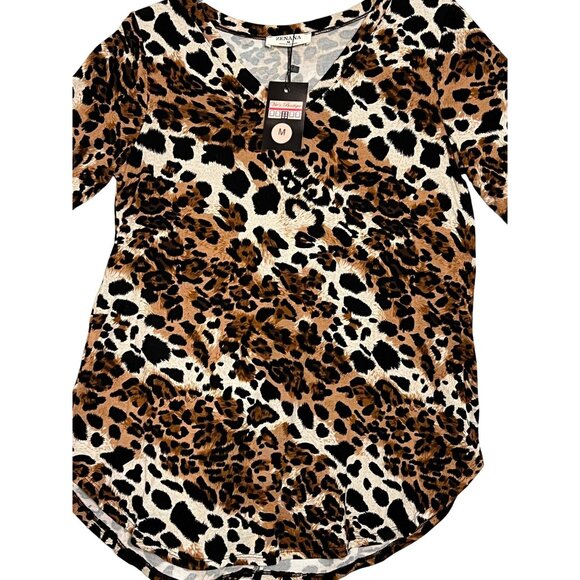NWT Zenana Leopard Print V-Neck Blouse Tunic Stretchy Short Sleeve Office Boho - Picture 2 of 10